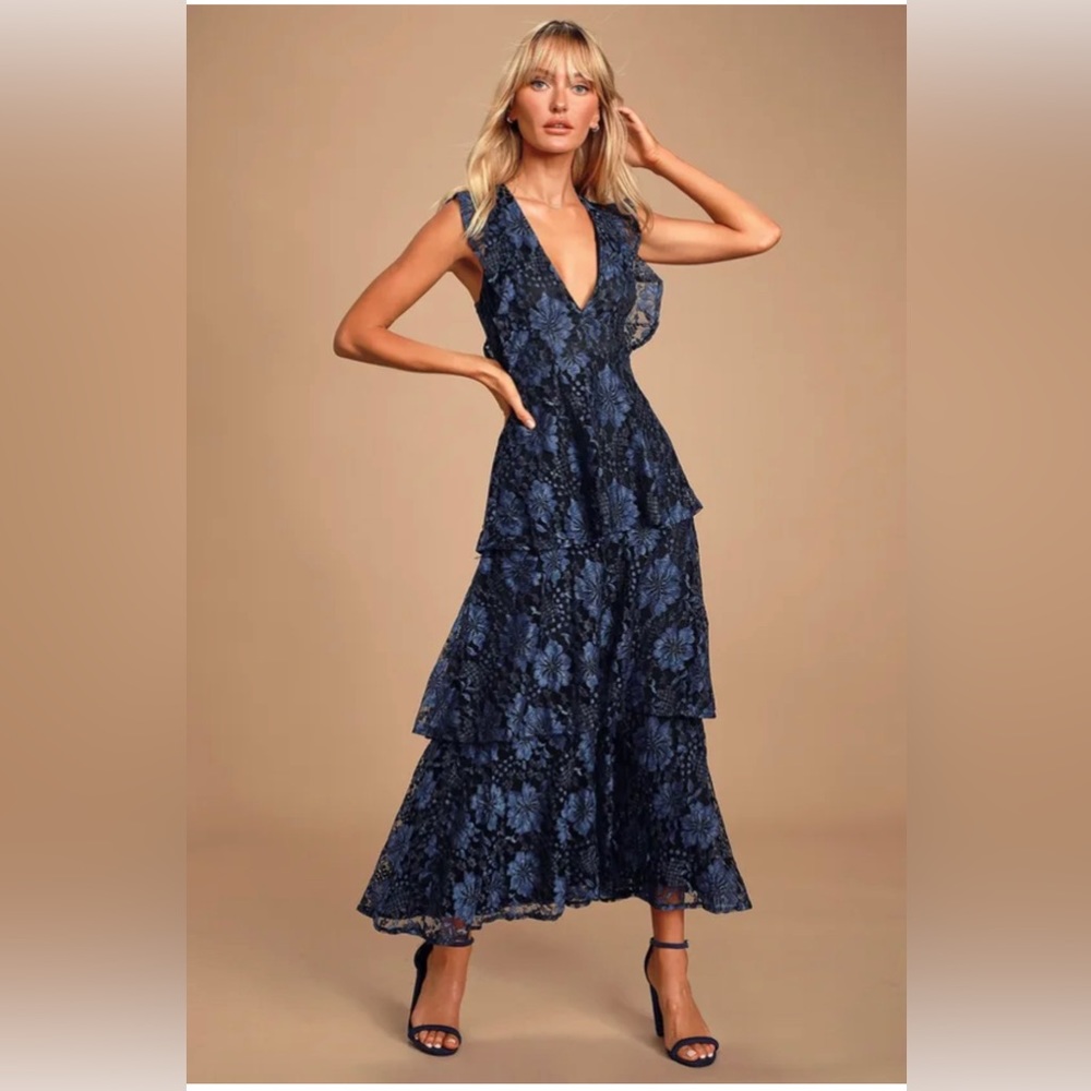 Lulu’s Molinetto Navy Blue Lace Ruffled Tiered Sleeveless Maxi Dress